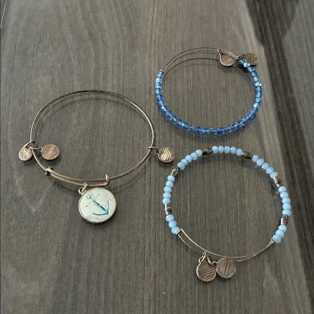 Alex and Ani Blue Beaded Bracelet Set with Anchor Charm